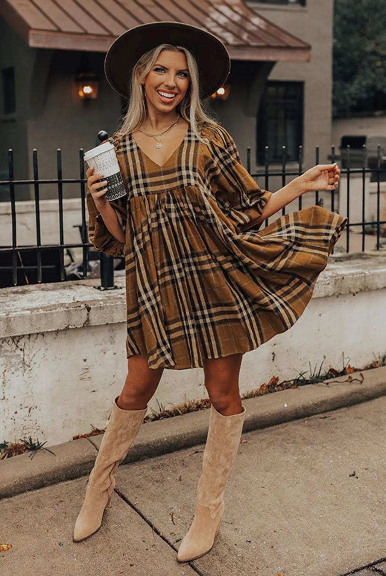 Plaid Pattern, Empire Waist Babydoll Dress