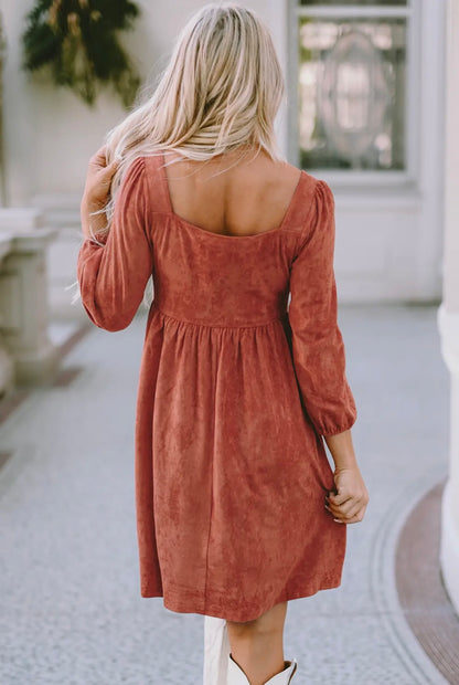 Suede Square Neck Puff Sleeve Dress