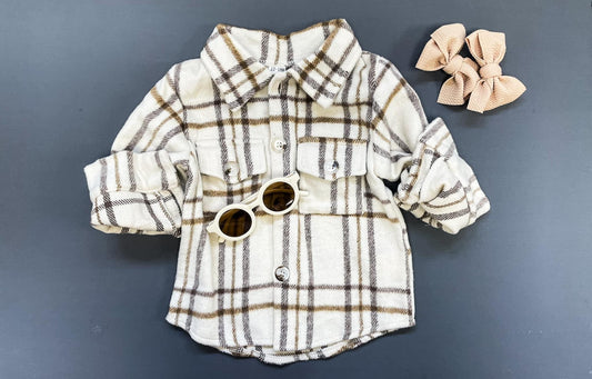 Kid's Beige Neutral Flannel Shacket